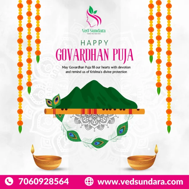 Let's honor the victory of faith over fear, as Lord Krishna taught us through the Govardhan Leela. Wishing you all a blessed Govardhan Puja! 
#happygoverdhan #VedSundara #AyurvedaBeauty #FestivalOfProsperity #Dhanteras #ayurvedicmedicine #festival #glowingskinisalwaysin #dhanteraswishes #dhanteraspooja